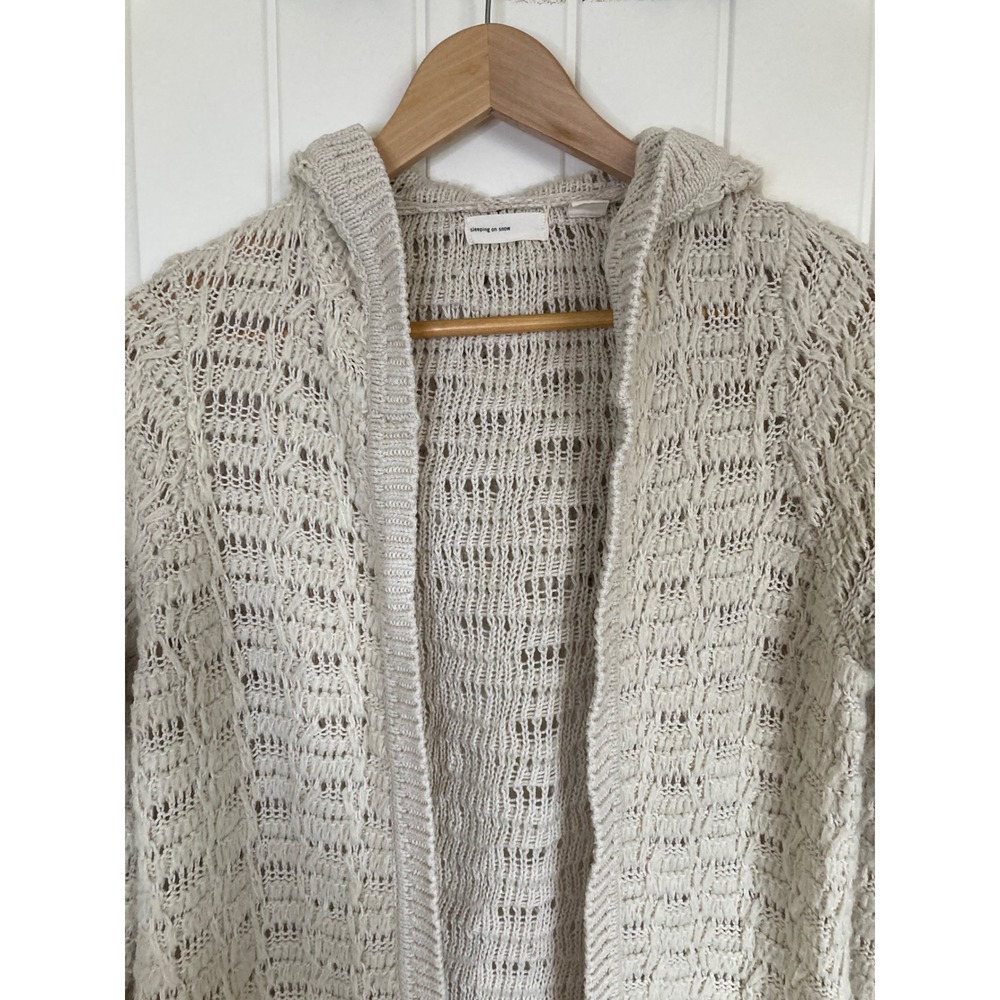 Anthropologie Sleeping on Snow Cream Pointelle Knit Hooded Open Cardigan Small - Picture 3 of 10